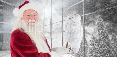 Composite image of father christmas holds an owl