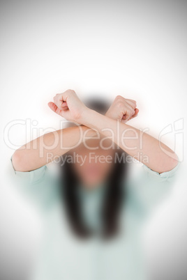 Composite image of troubled woman crying