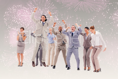 Composite image of very enthusiast business people jumping and r