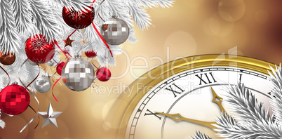 Composite image of christmas tree decorated with golden ornaments