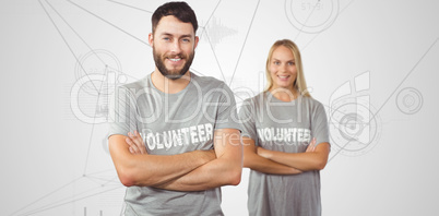 Composite image of portrait of cheerful volunteer in office