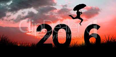 Composite image of woman jumping with umbrella