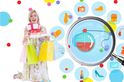 Composite image of elegant blonde with shopping bags and gifts