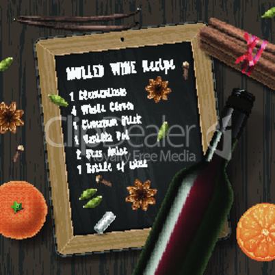 Christmas drink mulled wine, bottle of wine and recipe, vector illustration.
