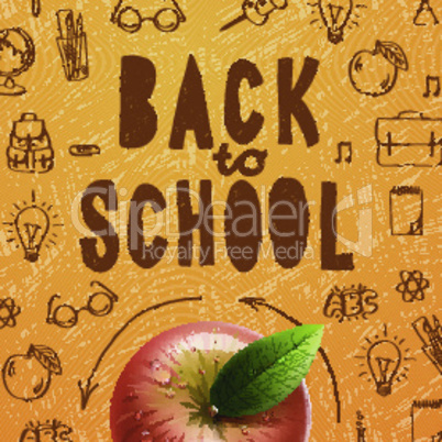 Welcome back to school sale background with red apple, vector illustration.