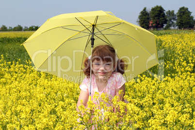 beautiful little girl with umbrella standing in yellow flowers f