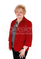 Older woman in red jacket.