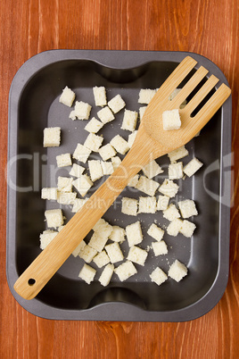 Cubes of bread croutons of white bread