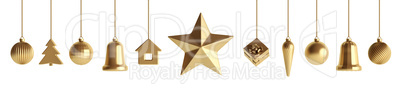 Golden christmas baubles isolated 3d rendering