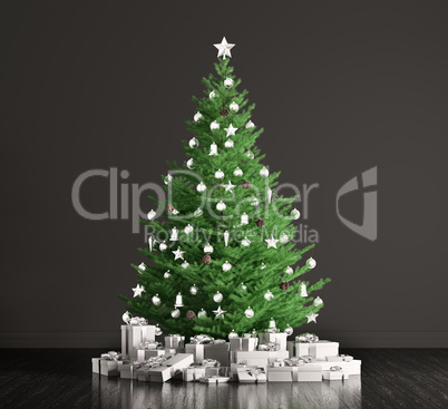 Interior of a room with christmas tree over black wall 3d render