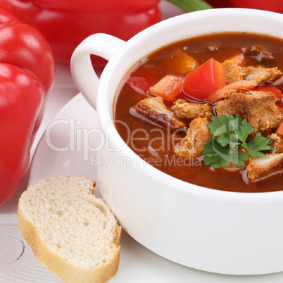 Gulasch Suppe Gulaschsuppe mit Fleisch und Paprika Nahaufnahme g