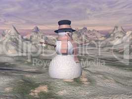 Snowman by sunset - 3D render