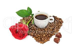 coffee beans, cup and rose isolated on white background