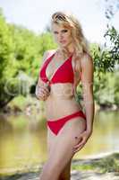 beautiful blonde woman in red bikini