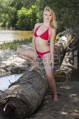 beautiful blonde woman in red bikini