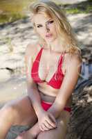 beautiful blonde woman in red bikini