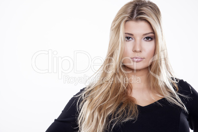 Young slim sexy woman in black dress isolated on white backgroun