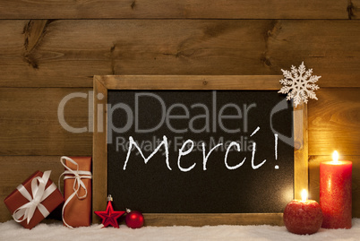 Festive Christmas Card, Blackboard, Snow, Merci Mean Thank You