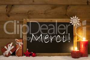 Festive Christmas Card, Blackboard, Snow, Merci Mean Thank You