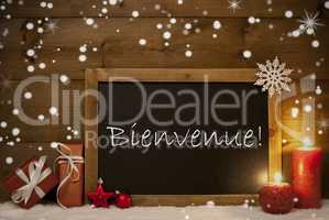 Christmas Card, Blackboard, Snowflakes, Bienvenue Mean Welcome