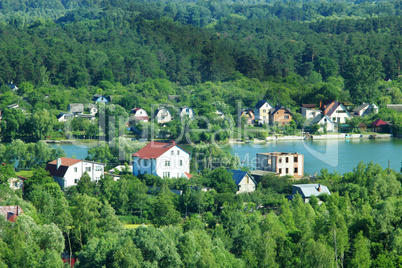 view to country houses at picturesque lake