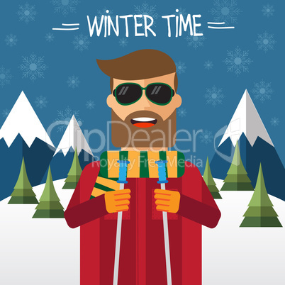 Hipster skier in flat style