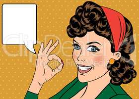 pop art cute retro woman in comics style with OK sign