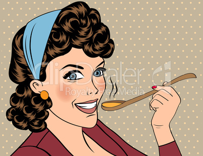 pop art retro woman with apron tasting her food