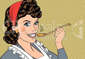 pop art retro woman with apron tasting her food