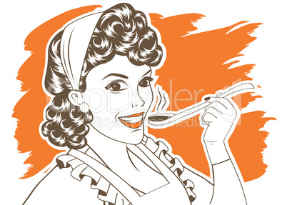 pop art retro woman with apron tasting her food