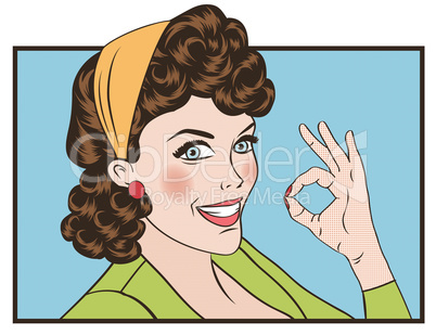 pop art cute retro woman in comics style with OK sign