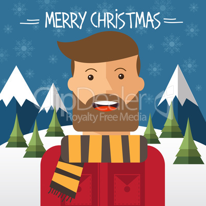 Christmas card with hipster male in flat style