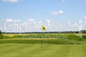 golf field with two yellow flags