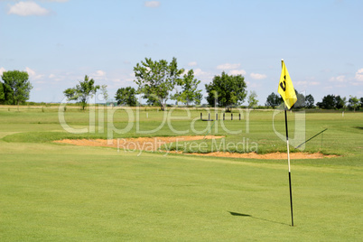 field with yellow golf flag