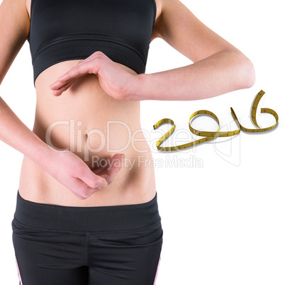 Composite image of woman with hands over belly