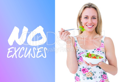 Composite image of pretty blonde eating bowl of salad