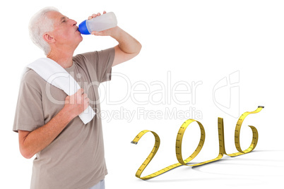 Composite image of senior man drinking from water bottle