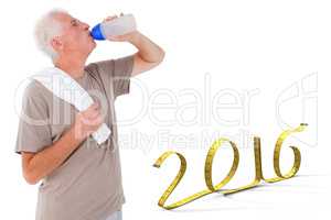 Composite image of senior man drinking from water bottle