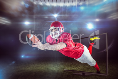 Composite image of american football player scoring a touchdown