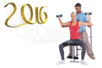 Composite image of trainer helping client lift weights