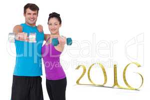 Composite image of fit man and woman lifting dumbbells