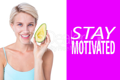 Composite image of pretty blonde holding half of an avocado