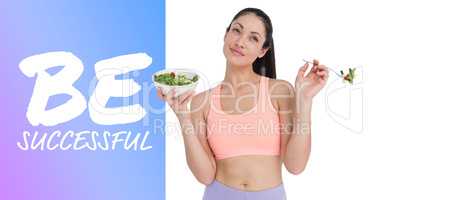 Composite image of smiling brunette eating salad