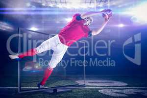 Composite image of american football player catching football