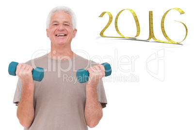 Composite image of senior man lifting hand weights