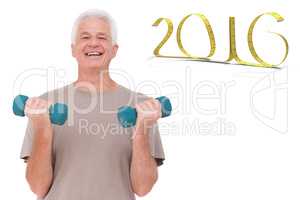 Composite image of senior man lifting hand weights