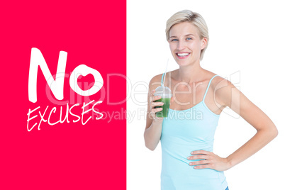 Composite image of beautiful woman holding green juice