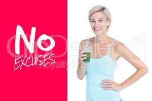 Composite image of beautiful woman holding green juice