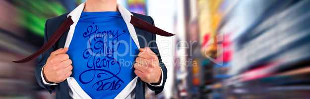 Composite image of businessman opening his shirt superhero style