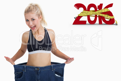 Composite image of thin woman wearing old pants after losing wei